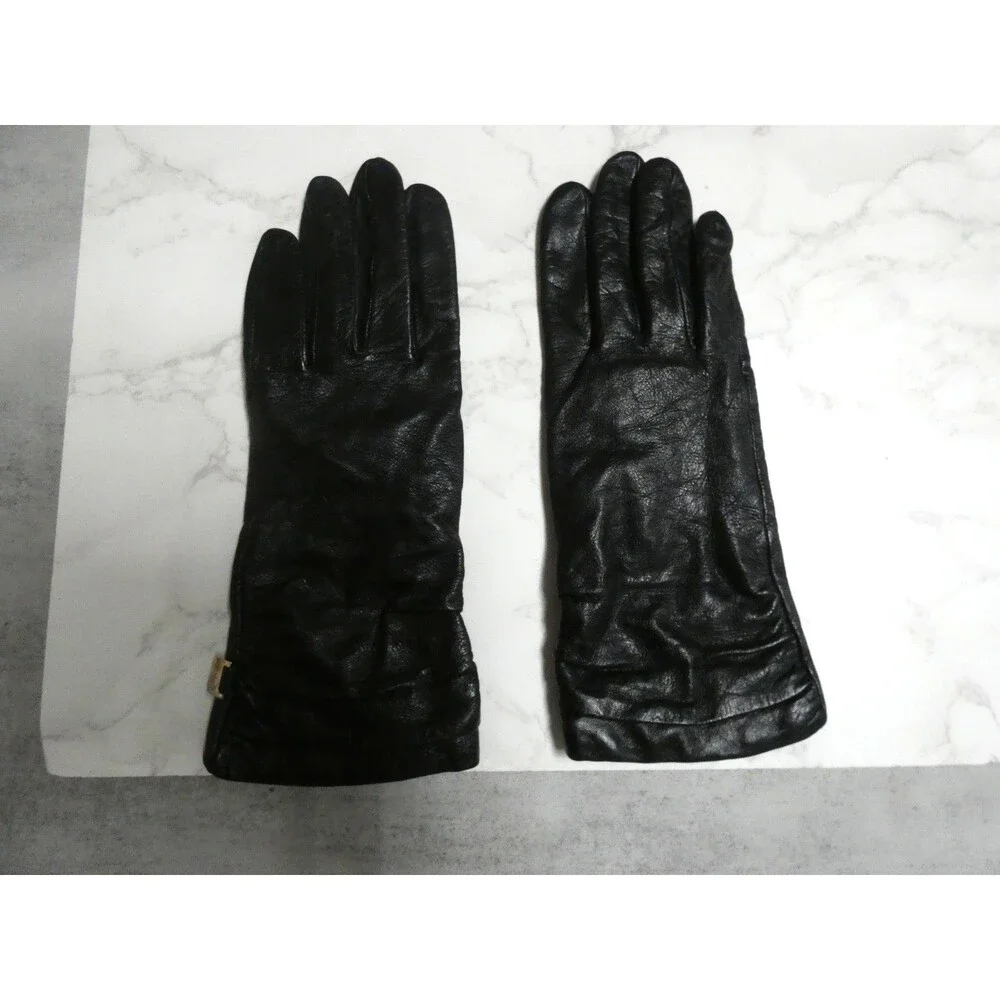 Nine West Women's L Black Leather Gloves Poly Knit Lined Ruched Wrists